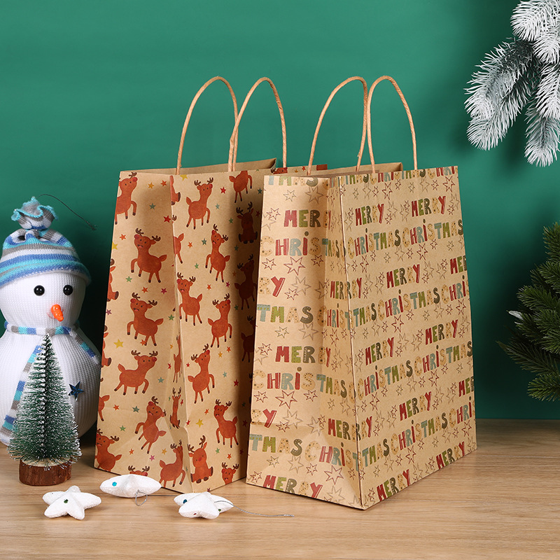 Christmas Gift Bag Kraft Paper Storage Gifts Handbag Advertising Takeaway Packing Bag Printed Logo Factory Wholesale