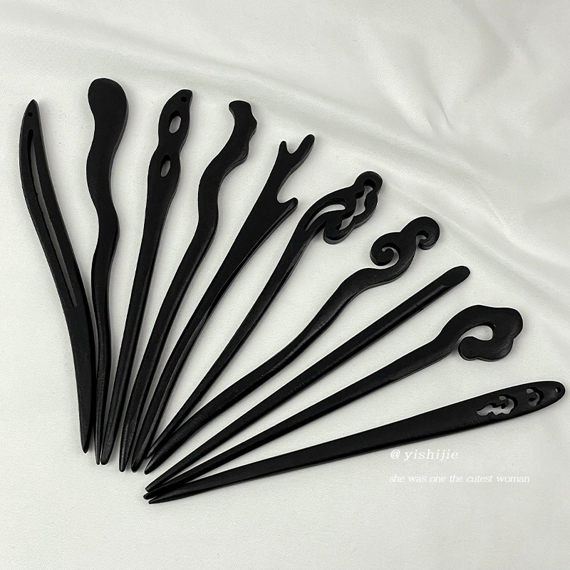 Ebony Hairpin Antique Wooden Hairpin Handmade Sandalwood Simple Modern Han Chinese Clothing Cheongsam Plate Hairpin High Sense Female