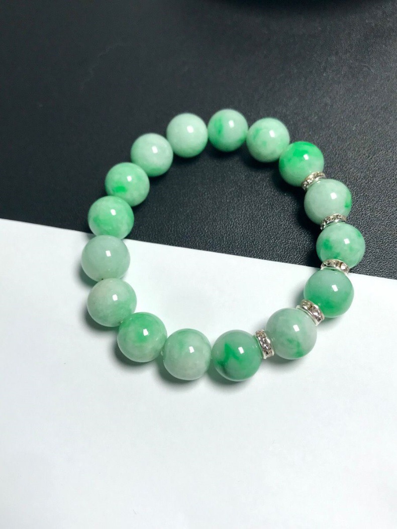 天然缅甸翡翠a货老坑糯种白底青飘阳绿珠子手串女士珠子卡11mm