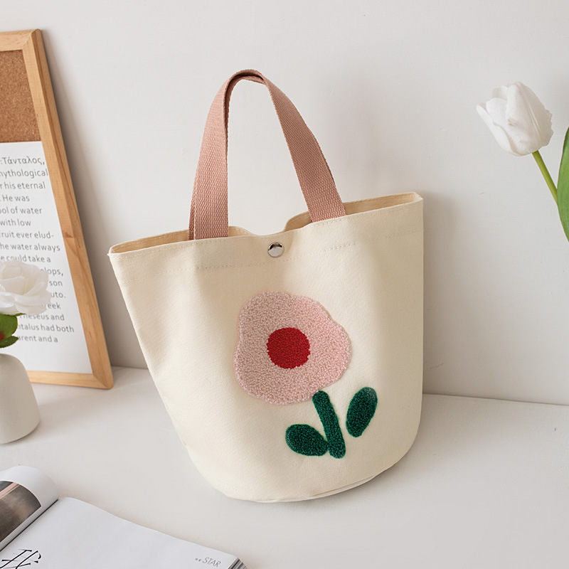 Embroidered Canvas Handbag Women's New Korean Towel Embroidery Student Large Capacity Lunch Box Lunch Bag Tote Bag for Going out