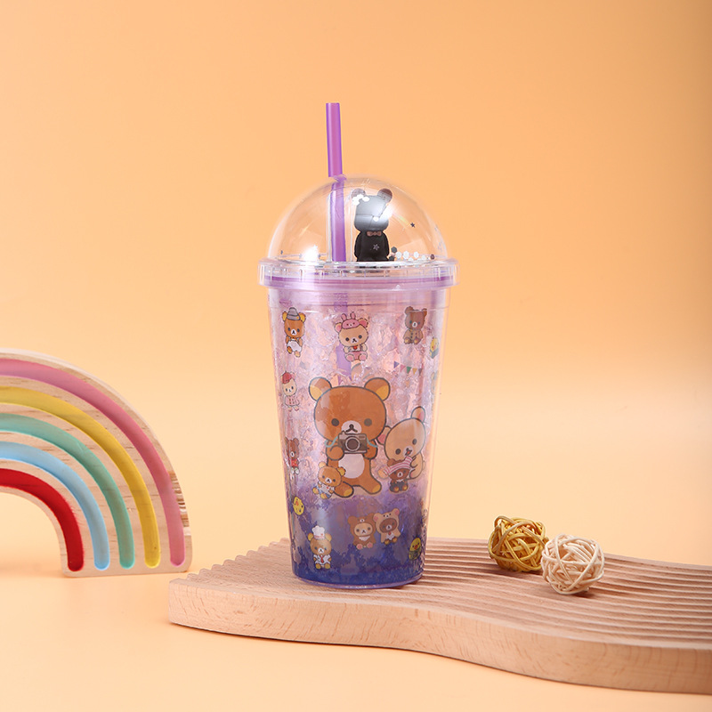 New Creative Crushed Ice Cup Ice Cup Bear Double-Layer Cup with Straw Men and Women Student Portable Summer Cute Ice Cup Plastic Cup