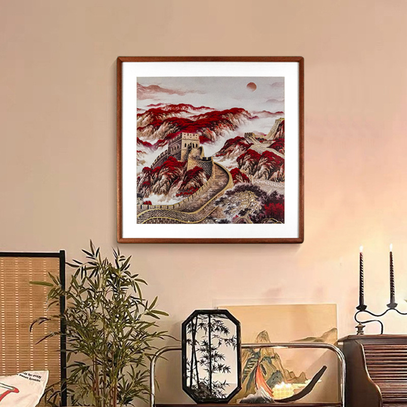 鸿运当头铜雕画手工錾刻红色万里长城靠山图现代装饰画办公室挂画