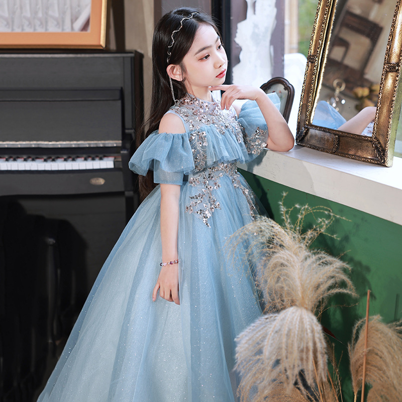 蓝色儿童礼服公主裙高端女童钢琴演奏礼服女童主持人走秀演出服夏