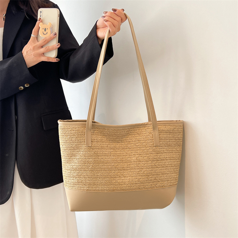 Tote Bag Large Capacity Women Bags 2022 Summer New Fashion Straw Stitching Big Bag Western Style Leisure Shoulder Bag