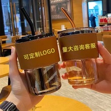 网红高颜值喝水水杯吸管玻璃杯带盖杯竹节杯可印LOGO一件代发