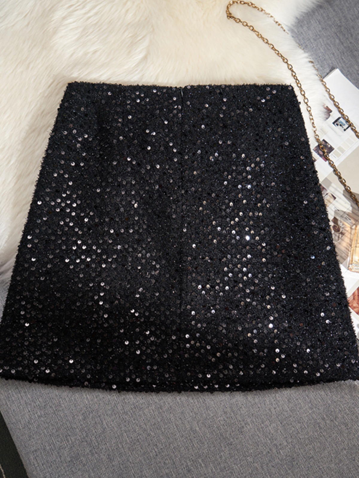 黑色亮片毛呢半身裙女小个子秋冬季包臀裙高腰a字短裙亮闪闪半裙