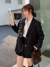 格子拼接黑色西装外套女2023春新款韩版宽松时尚设计感学院风西服