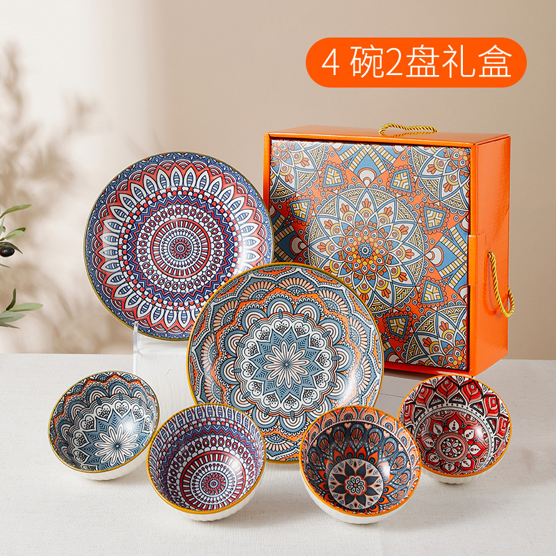 Bohemian Style Ceramic Bowl Plate Spoon Cutlery Gift Box Movable Hand Mixing Gift Ceramic Tableware