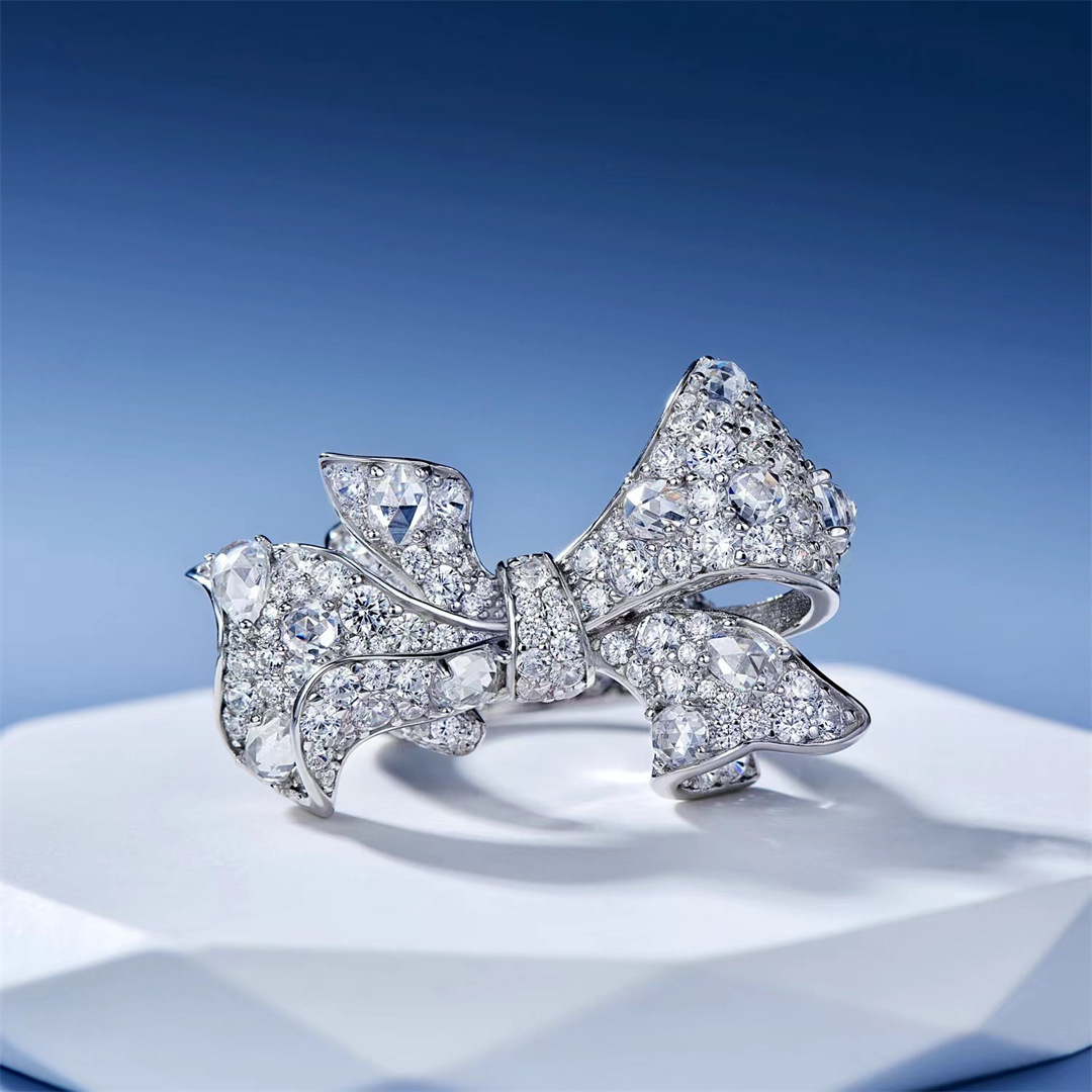 开口仿真钻戒指s925银蝴蝶结丝带戒饰女款粉钻优雅气质晚会钻戒