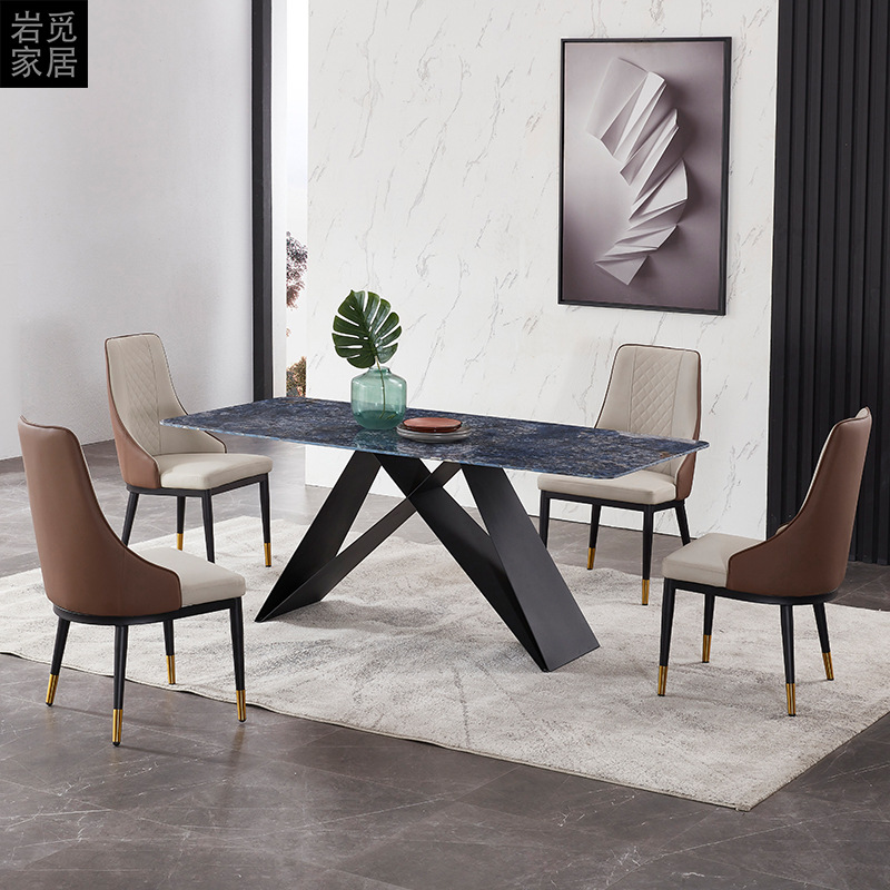 轻奢亮光面岩板餐桌意式七星珍石通体饭桌椅组合小户型岩板餐桌椅