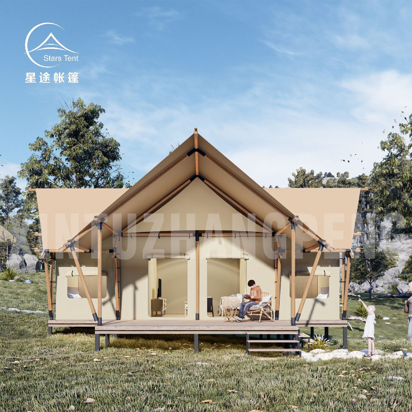 户外营地小屋酒店帐篷 大型木屋露营野奢两室一厅帐蓬 野营营地