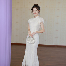 伴娘装新中式国风改良刺绣旗袍鱼尾领证订婚白色连衣裙宴会礼服