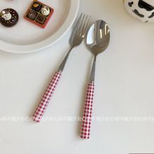 韩式ins复古法式少女百搭红白格纹陶瓷手柄叉勺餐刀甜品叉勺餐具
