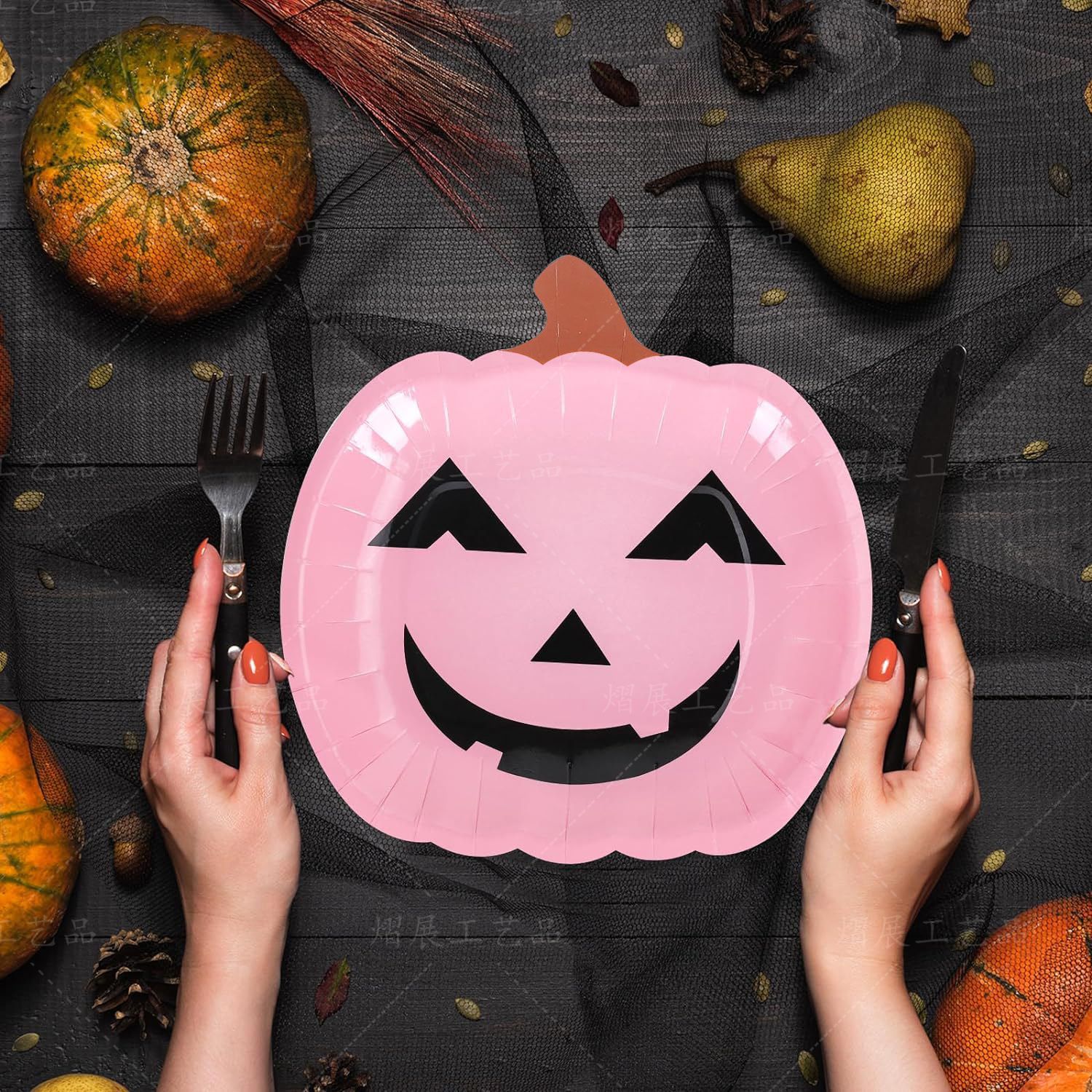 跨境新品halloween万圣节粉色笑脸南瓜9寸异纸盘现货生日蛋糕盘