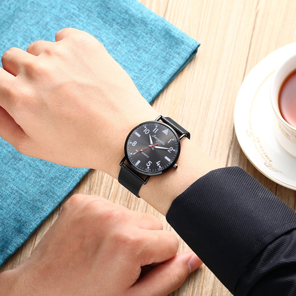 外贸新款男士黑色网带手表装饰撞色指针石英表数字面时尚潮流腕表