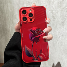 苹果15手机壳暗红玫瑰iPhone14pro金属漆玻璃壳xsmax全包中国红
