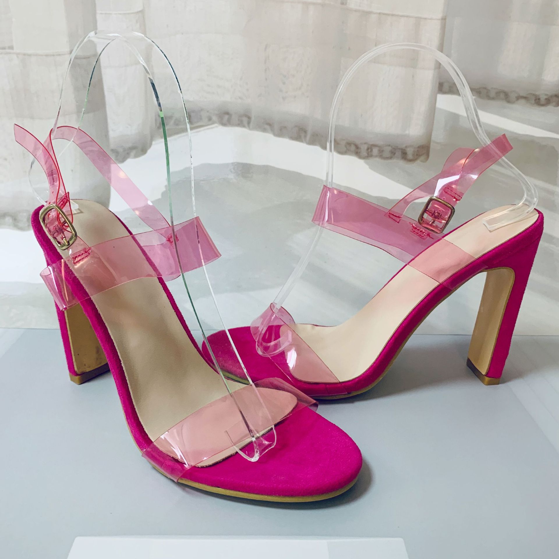 黑五欧美夏季荧光色pvc派对凉鞋 跨境爆款一字带大码粗跟高跟鞋女