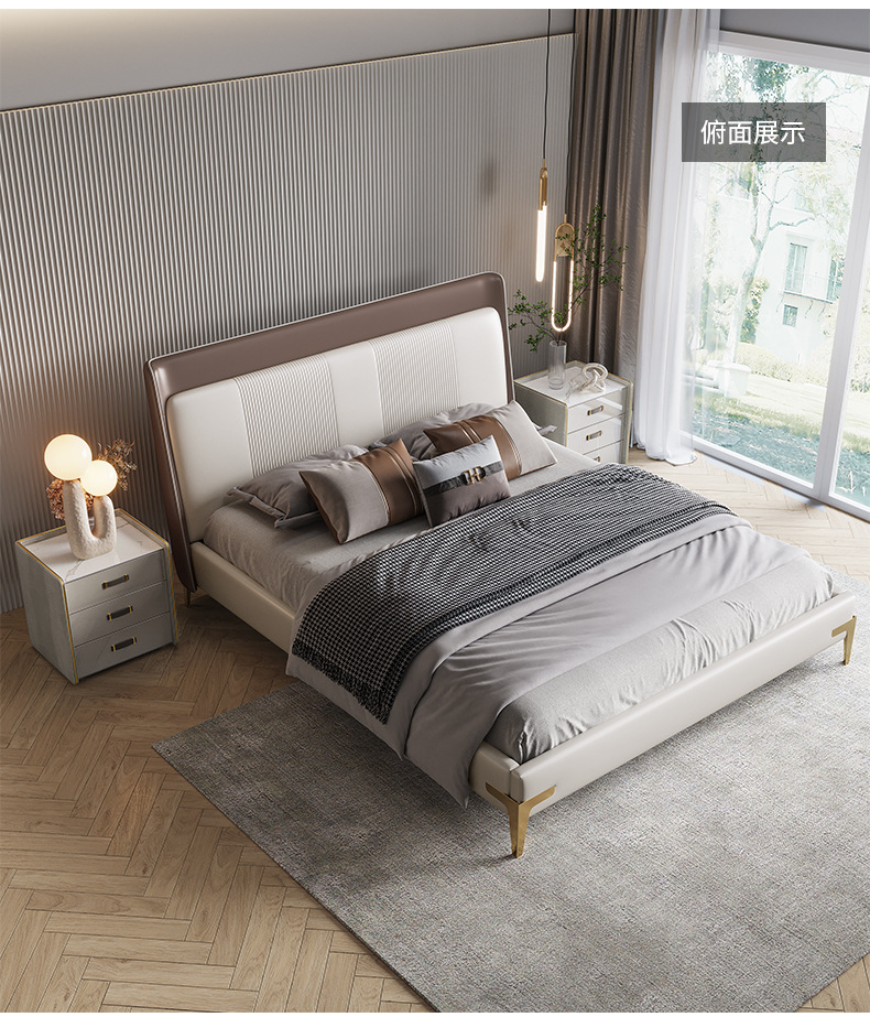 现代轻奢床真皮床意式极简主卧双人婚床简约小户型软包储物网红床