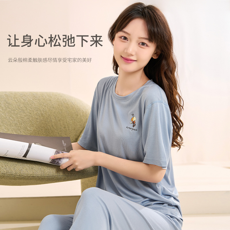 Modal Pajamas Women's Summer Short-Sleeved Home Wear Summer Women's round Neck Pajamas Women's Summer Girls' Home Leisure Suit