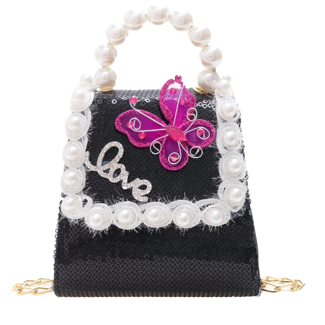 2022春夏新款珍珠手提儿童包pu亮片蝴蝶结配饰单肩包女童斜挎小包