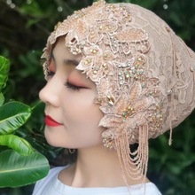 穆斯林新款时尚蕾丝边纱巾打底小帽回族方便盖头配饰莫代尔绷带包