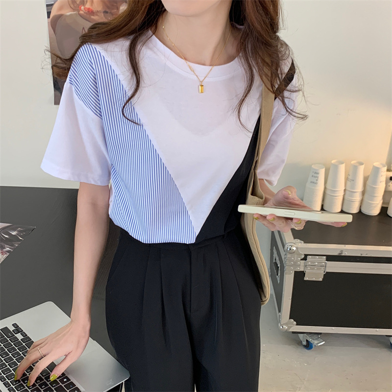 Color Matching Short-Sleeved T-shirt for Women 2023 Summer New Korean Style Sense of Design Striped Stitching Gentle Chic Top Fashion