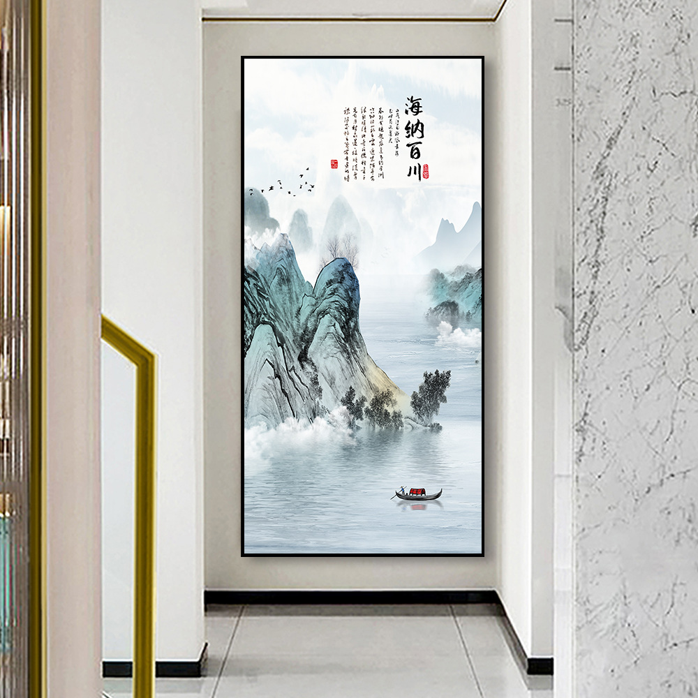 玄关装饰画入户走廊过道墙壁画竖版中国风复古客厅晶瓷浮雕挂画