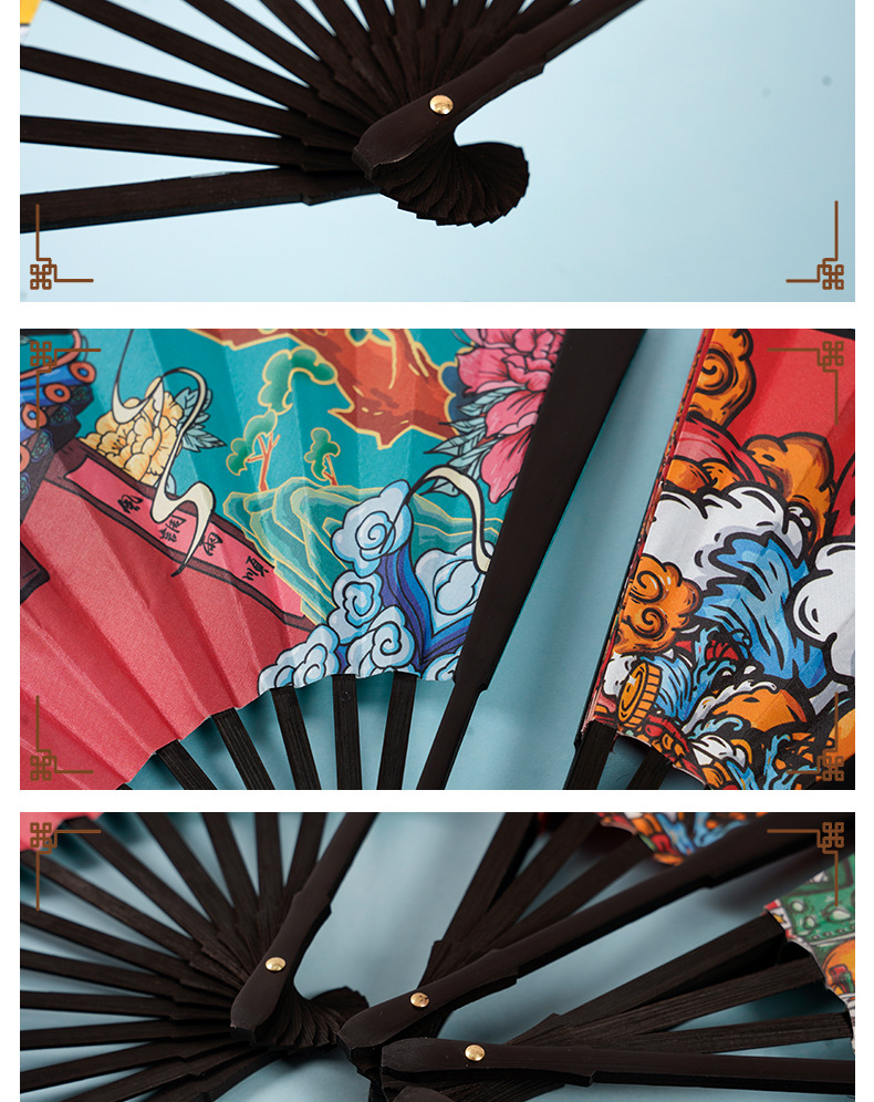 潮语国潮古风扇子批发双面娟布网红酒吧蹦迪扇8寸10寸折扇批发