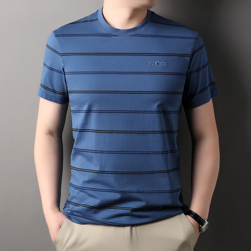 2024夏季短袖体恤男士薄款圆领上衣免烫透气汗衫时尚条纹t恤男装