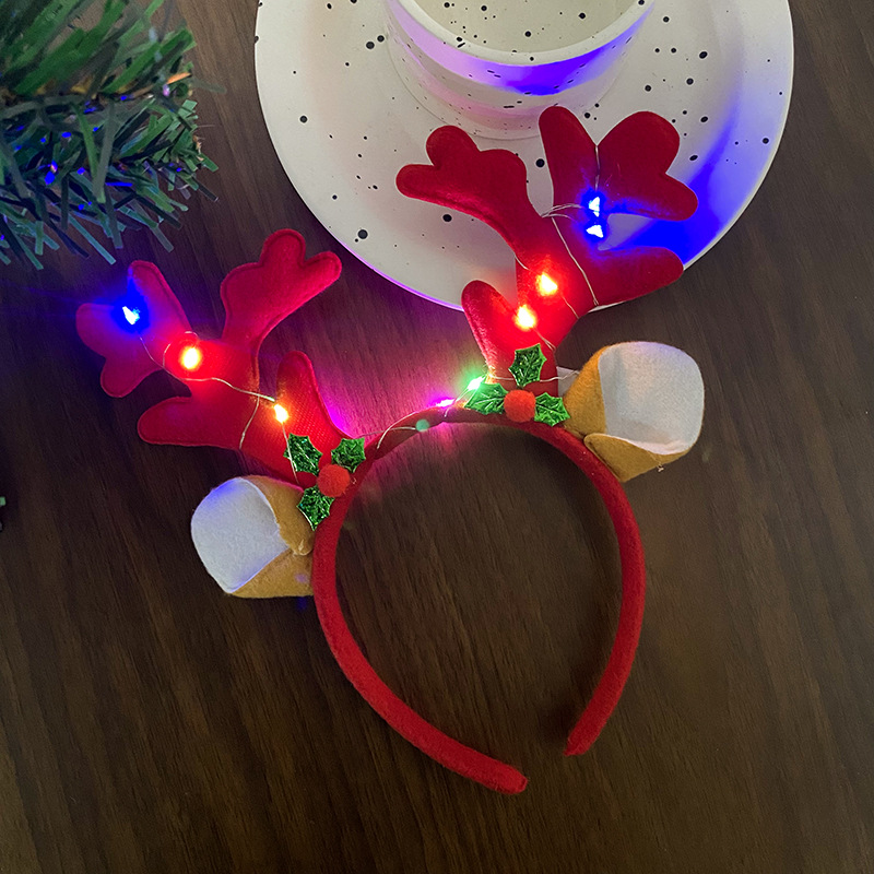 Christmas Fabric Headband Cartoon with Light Antlers Headband Santa Bear Head Buckle Accessories Led Luminous