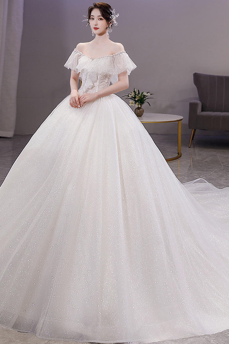 法式主婚纱2022新款新娘一字肩礼服宫廷风大拖尾新娘主纱遮粗手臂