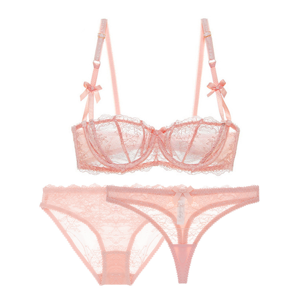 varsbaby 超薄蕾丝文胸套装女士 性感内衣透明丁字裤低腰