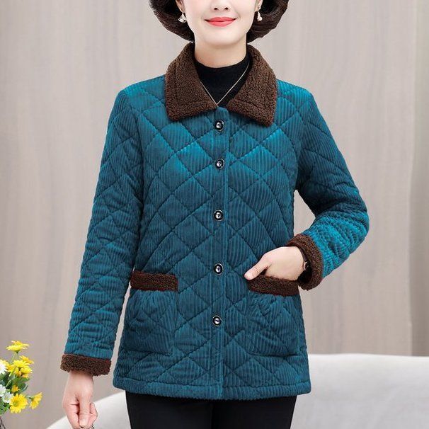 妈妈冬装加绒加厚棉衣灯芯绒保暖棉服大码中老年女装棉袄外套