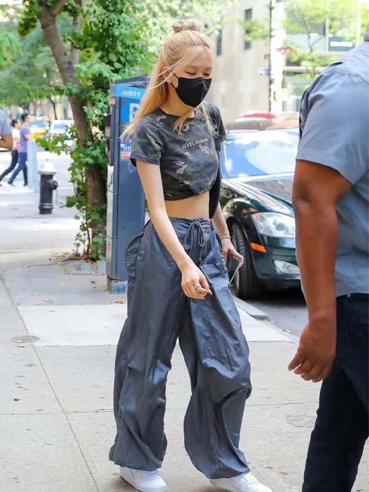 现rose朴彩英同款 mo*tel美式街头风褶皱系带低腰休闲降落伞裤