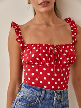 夏季外穿内搭欧美印花波点吊带型修身型甜美短款红色一字领小背心