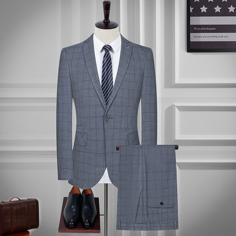 品牌蓝色格子西服套装男商务休闲上班正装西装中年男士爸爸装外套