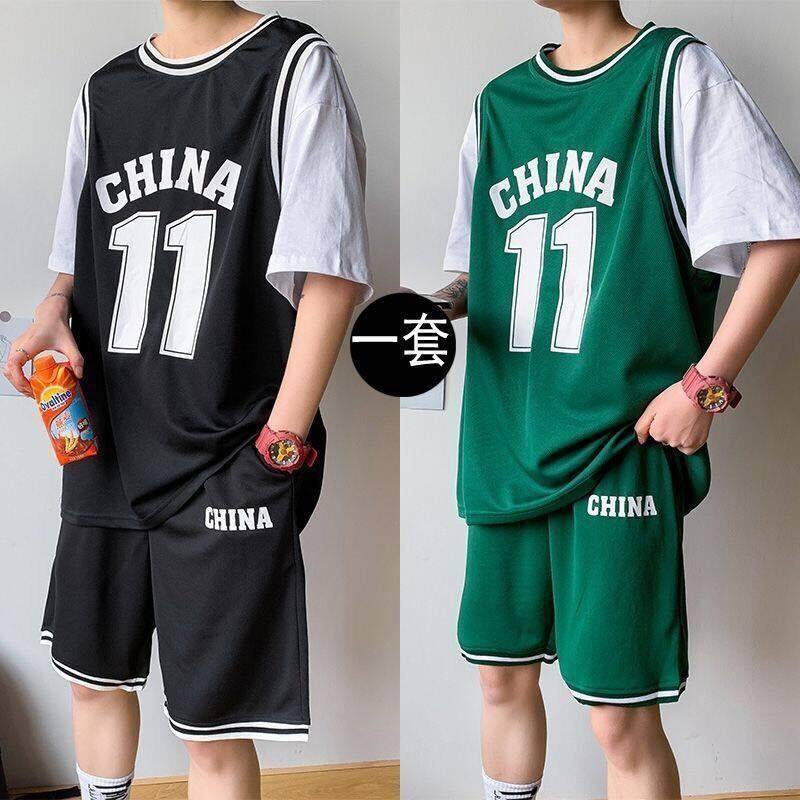 宽松休闲篮球服套装男球服一套假两件嘻哈街头情侣