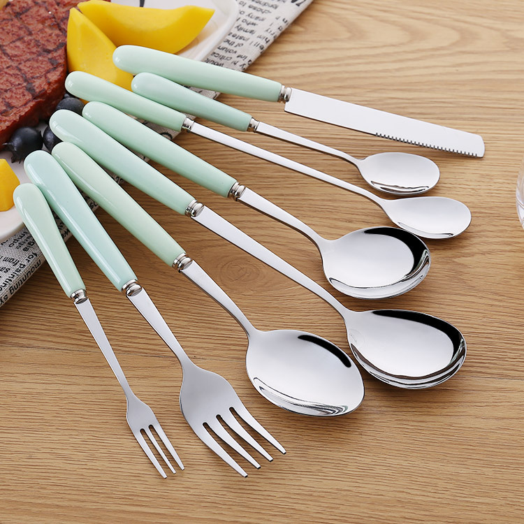 Porcelain Handle Stainless Steel Knife and Forks Spoon Good-looking Dinner Knife Fruit Fork Dessert Spoon Set Ceramic Tableware Wholesale