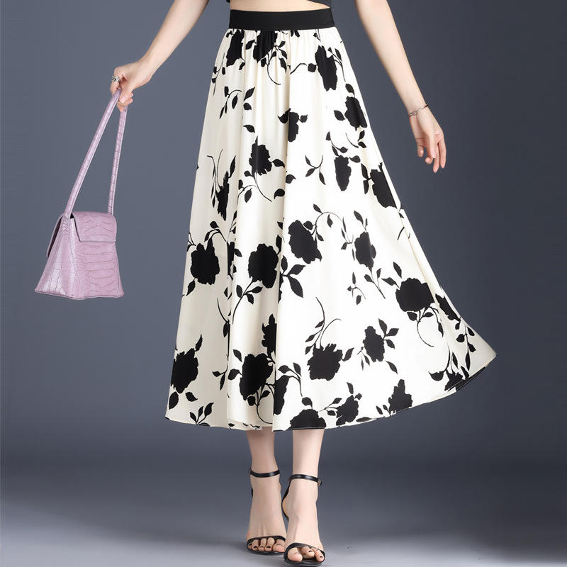 黑白花半身裙女2022夏松紧腰高腰长款感复古水墨印花a字大摆裙