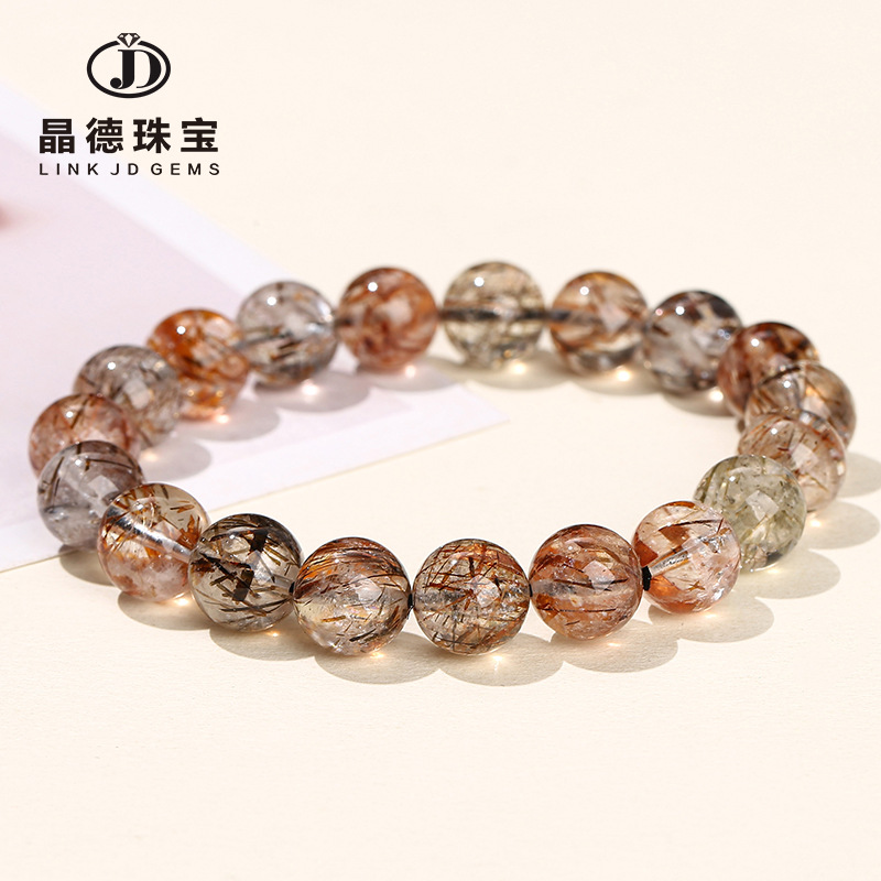 黑金超七手链男女款黑云母共生黑色水晶圆珠手串饰品直播货源批发