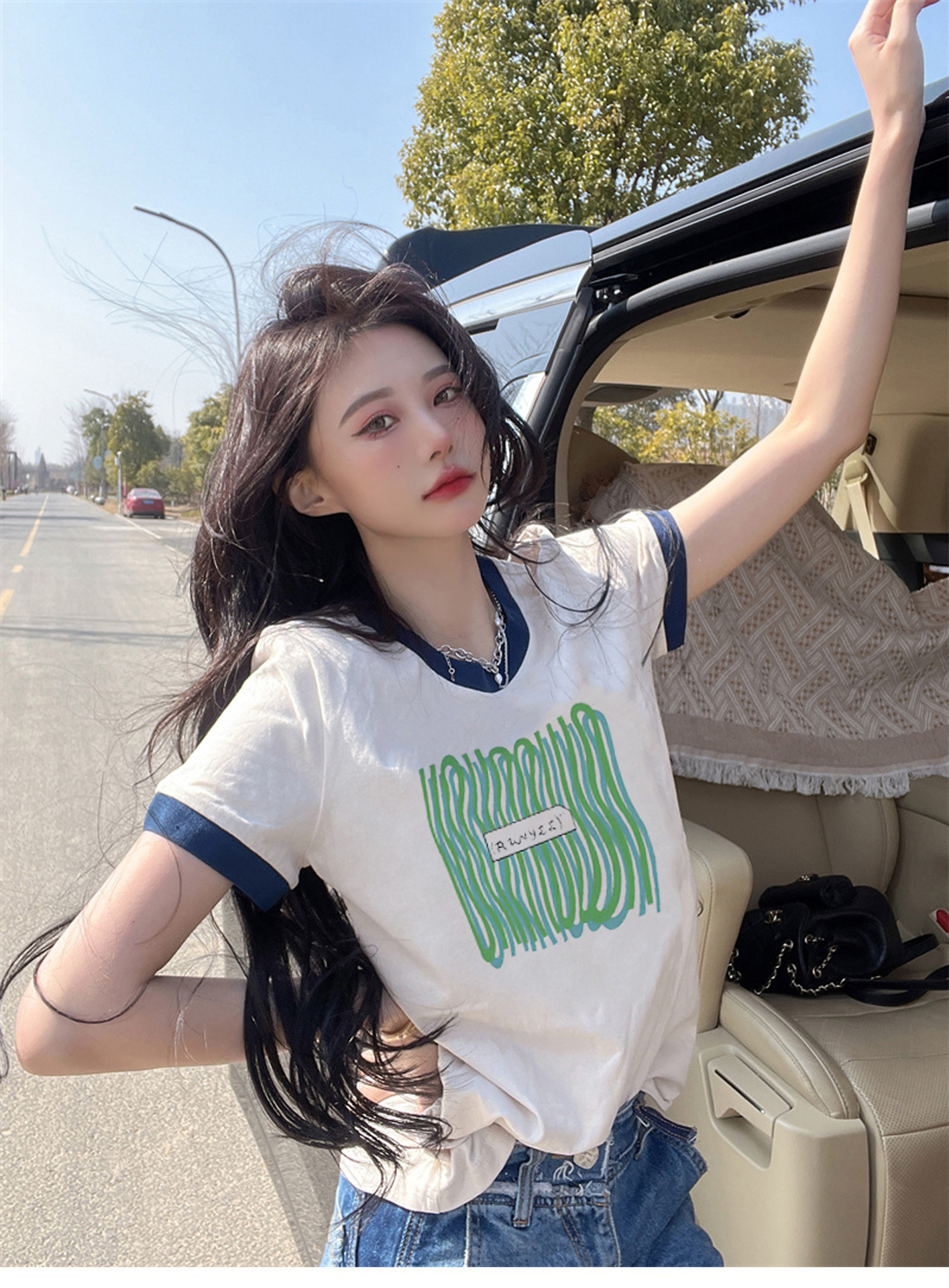 White Short-Sleeved T-shirt Women's Summer 2024 New Pure Cotton Loose Color Contrast Patchwork Cartoon Shoulder Half Sleeve T-shirt