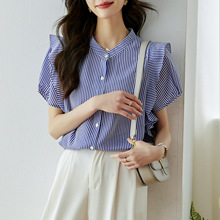 蓝色短袖条纹雪纺衬衫女2024年夏季新款韩版时尚立领荷叶边上衣潮
