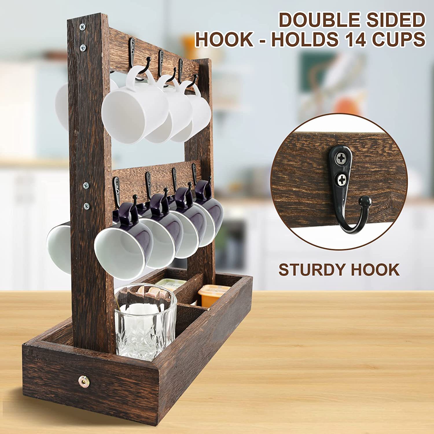 Creative Country Style Coffee Cup Holder Suitable for Mug Storage Rack Wooden Coffee Cup Holder with Double-Sided Hook