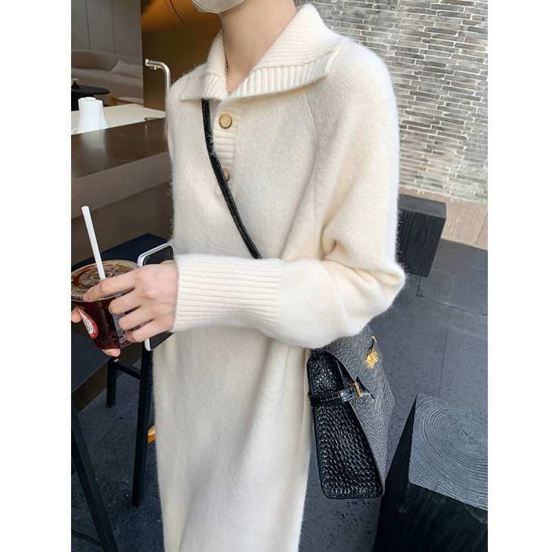 Korean Style Autumn and Winter New Lazy Wind Knitted Dress Women's Button Lapel Loose Long Pullover Woolen Skirt Outer Wear