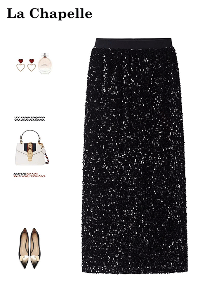 拉夏贝尔裙子女春秋冬黑色闪闪亮片开叉半身裙闪钻高腰显瘦包臀裙