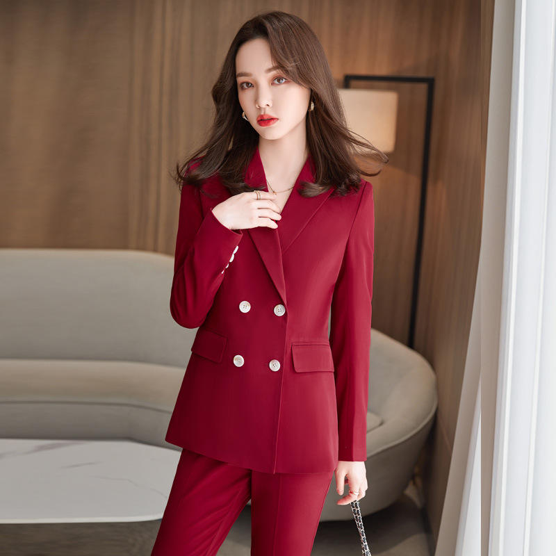 韩版时尚气质双排扣小西装女式职业装套裤正装长袖西服外套女修身