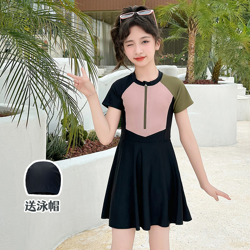 儿童泳衣女童连体中大童学生少女保守初中生专业游泳衣夏季10岁12