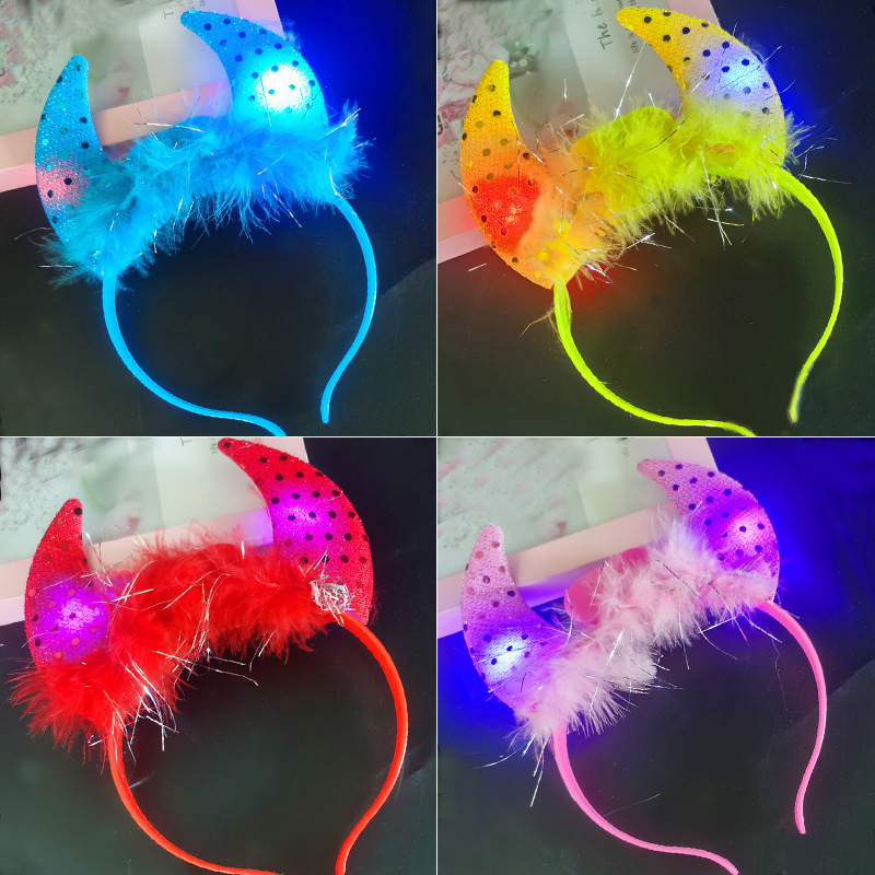 Luminous Feather Sequins Horn Headband Flash Headband Devil Barrettes Concert Atmosphere Props Souvenirs Toy
