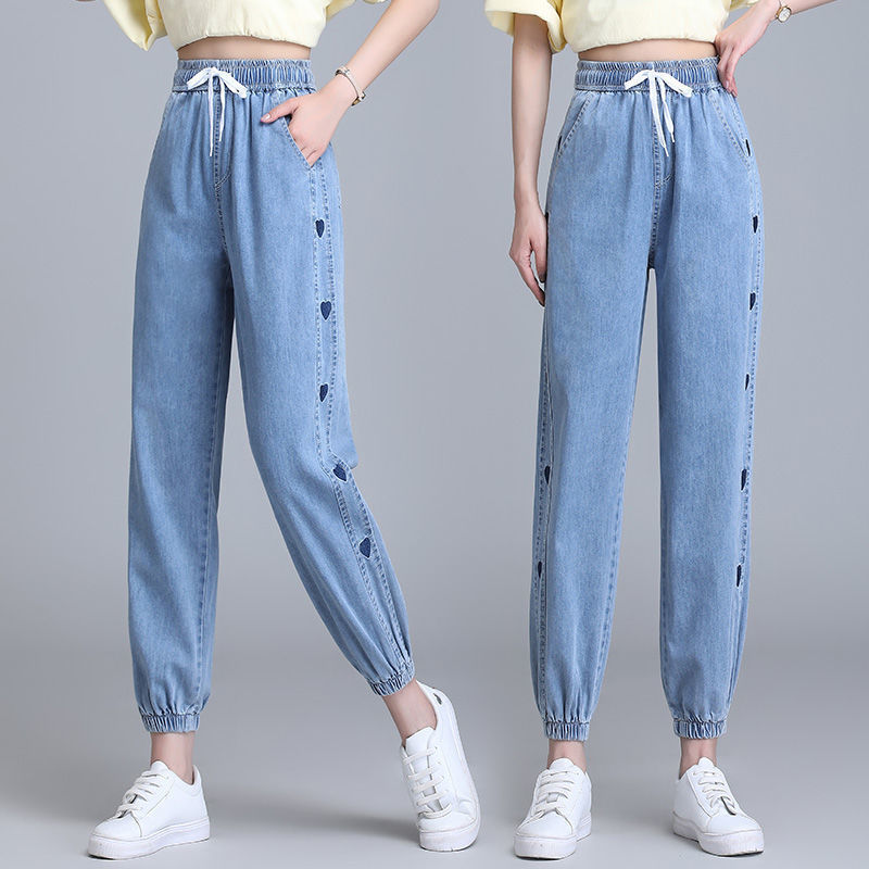 Elastic Waist Tencel Wide-Leg Jeans for Women Summer Thin 2023 New High Waist Drooping Slimming Drawstring Straight-Leg Pants Spring