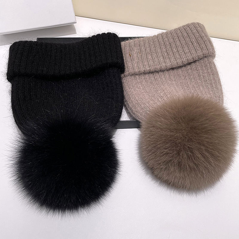2022新款直筒针织帽毛球帽貉子球兔毛帽纯色套头帽保暖冬天毛线帽